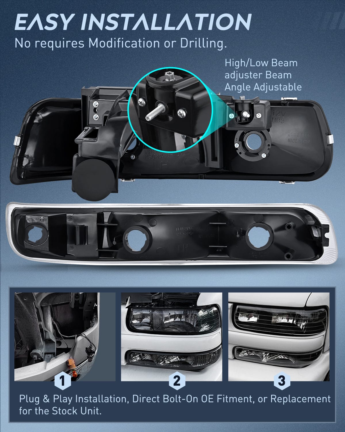 Taillight Assembly Headlight and Taillight Assembly Combo Compatible with 1999 2000 2001 2002 Chevy Silverado 1500 2500 1500HD 2500HD 3500 OE Style Black Housing Clear Reflector Smoke