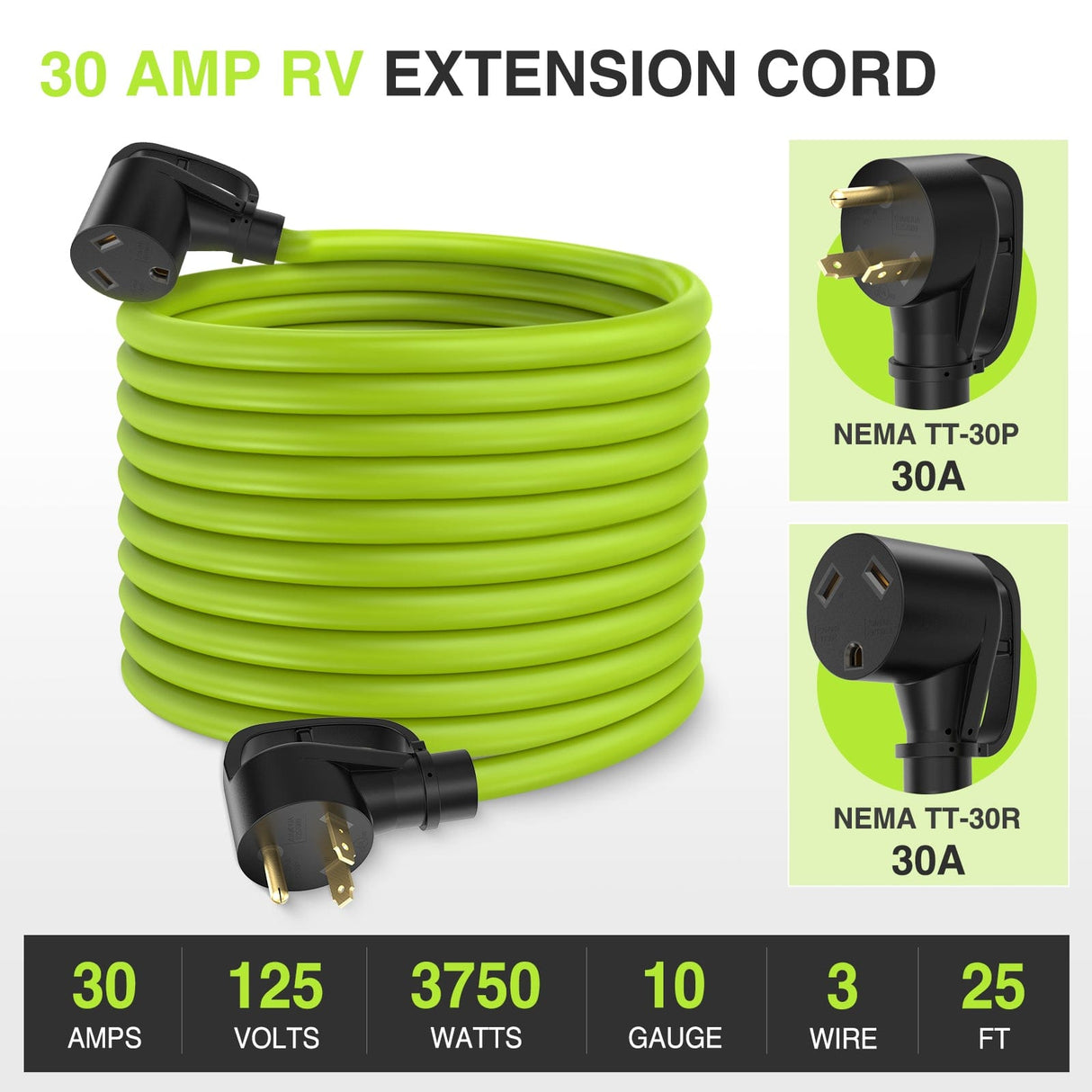 RV Parts 25FT 30 Amp RV Extension Cord 125V Heavy Duty 10/3 Gauge Pure Copper STW Wire UL ETL Listed 3 Prong TT-30P TT-30R Weatherproof Suit for Camper Caravan Trailer Bright Green