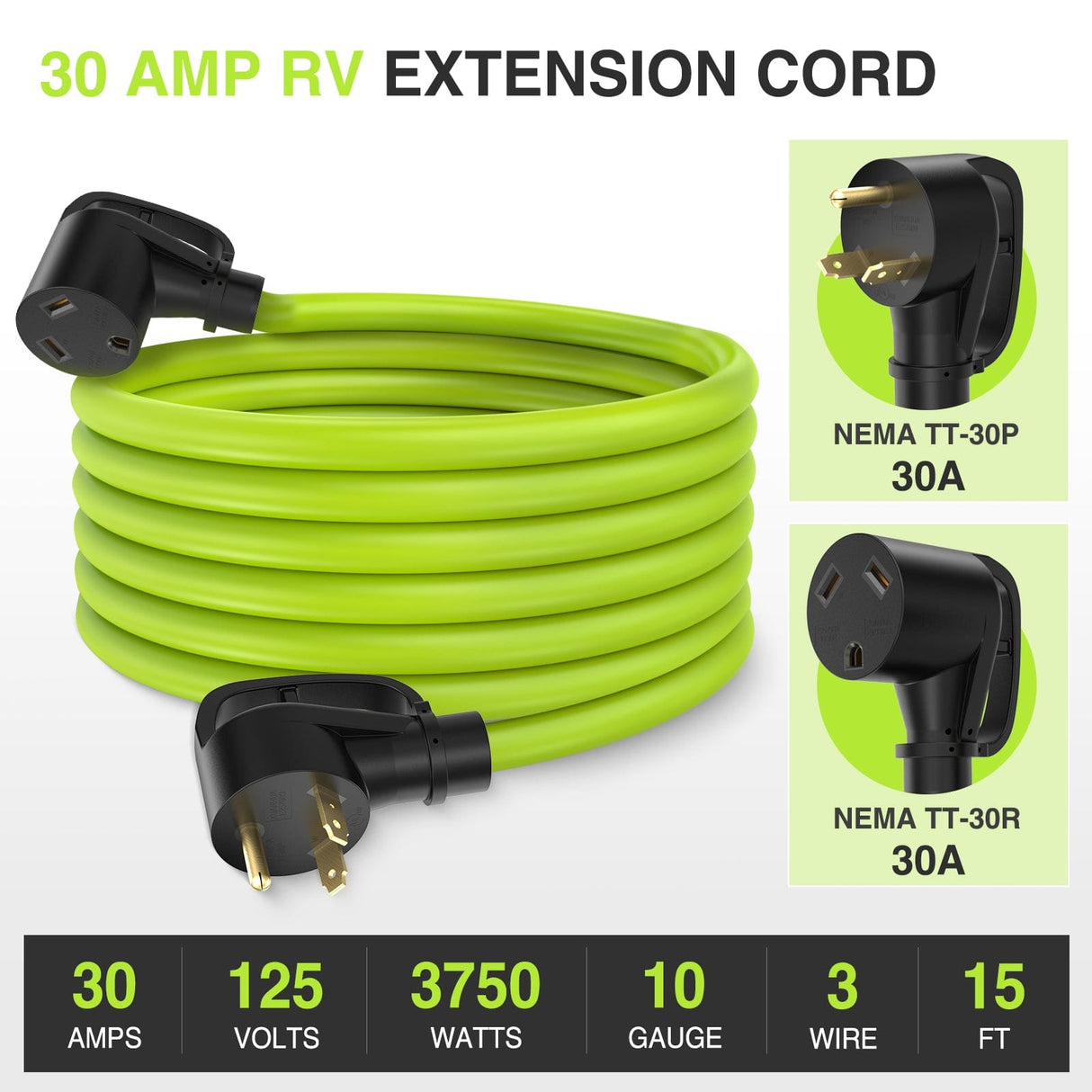 RV Parts 15FT 30 Amp RV Extension Cord 125V Heavy Duty 10/3 Gauge Pure Copper STW Wire UL ETL Listed 3 Prong TT-30P TT-30R Weatherproof Suit for Camper Caravan Trailer Bright Green