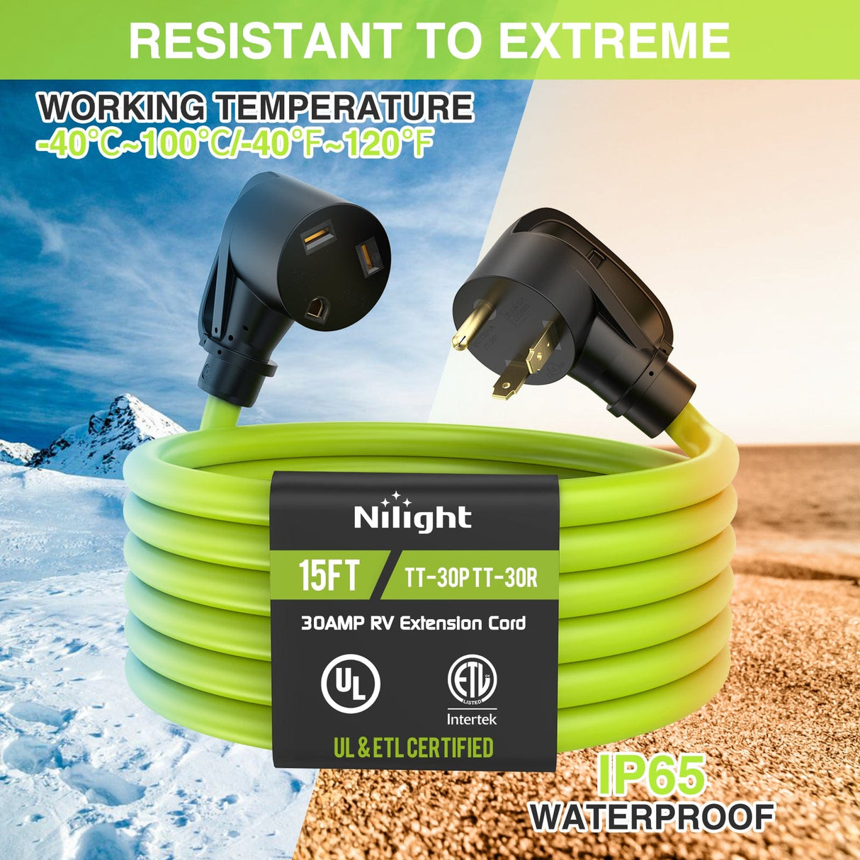 RV Parts 15FT 30 Amp RV Extension Cord 125V Heavy Duty 10/3 Gauge Pure Copper STW Wire UL ETL Listed 3 Prong TT-30P TT-30R Weatherproof Suit for Camper Caravan Trailer Bright Green