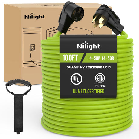 RV Parts 50Amp 100FT RV EV Extension Cord Bright Green100FT 50 Amp RV Extension Cord 250V Heavy Duty 6/3+8/1 Gauge Pure Copper STW Wire UL ETL Listed 4 Prong 14-50P 14-50R Weatherproof Suit for EV Trailer Campers Bright Green