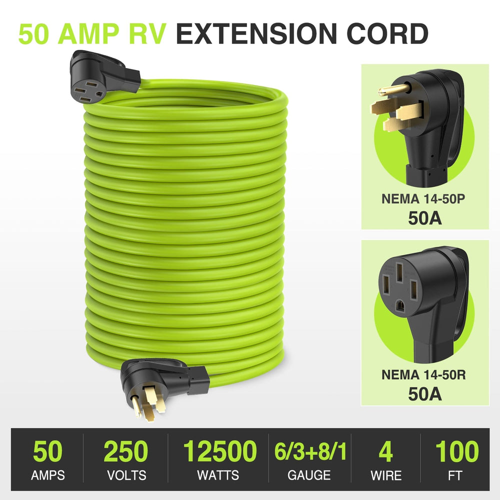 RV Parts 50Amp 100FT RV EV Extension Cord Bright Green100FT 50 Amp RV Extension Cord 250V Heavy Duty 6/3+8/1 Gauge Pure Copper STW Wire UL ETL Listed 4 Prong 14-50P 14-50R Weatherproof Suit for EV Trailer Campers Bright Green