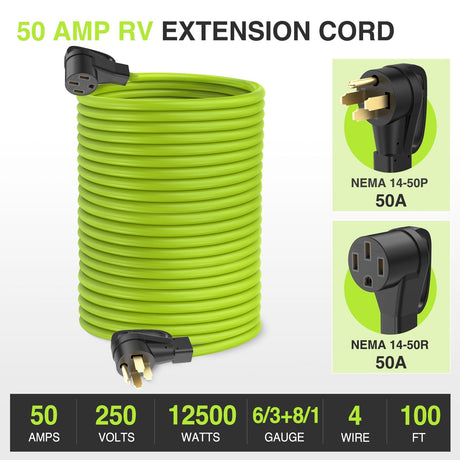 RV Parts 50Amp 100FT RV EV Extension Cord Bright Green100FT 50 Amp RV Extension Cord 250V Heavy Duty 6/3+8/1 Gauge Pure Copper STW Wire UL ETL Listed 4 Prong 14-50P 14-50R Weatherproof Suit for EV Trailer Campers Bright Green