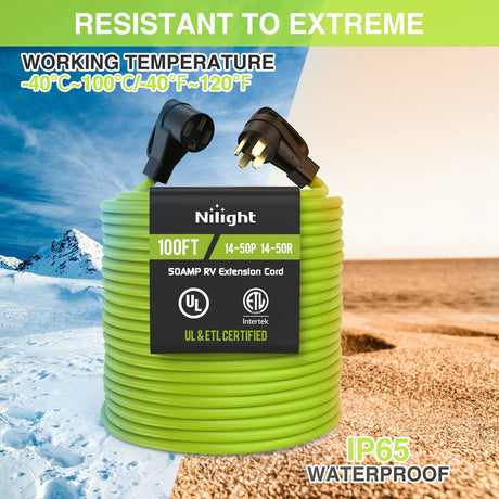 RV Parts 50Amp 100FT RV EV Extension Cord Bright Green100FT 50 Amp RV Extension Cord 250V Heavy Duty 6/3+8/1 Gauge Pure Copper STW Wire UL ETL Listed 4 Prong 14-50P 14-50R Weatherproof Suit for EV Trailer Campers Bright Green