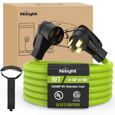 RV Parts 15FT 50 Amp RV Extension Cord 250V Heavy Duty 6/3+8/1 Gauge Pure Copper STW Wire UL ETL Listed 4 Prong 14-50P 14-50R Weatherproof Suit for EV Trailer Campers Bright Green