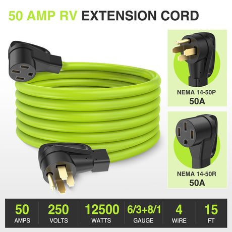 RV Parts 15FT 50 Amp RV Extension Cord 250V Heavy Duty 6/3+8/1 Gauge Pure Copper STW Wire UL ETL Listed 4 Prong 14-50P 14-50R Weatherproof Suit for EV Trailer Campers Bright Green