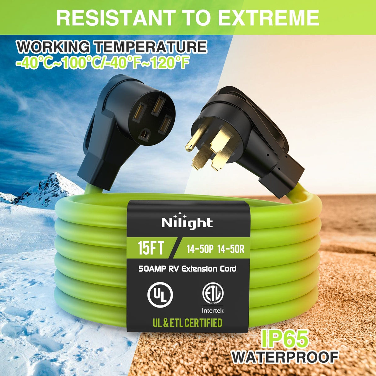 RV Parts 15FT 50 Amp RV Extension Cord 250V Heavy Duty 6/3+8/1 Gauge Pure Copper STW Wire UL ETL Listed 4 Prong 14-50P 14-50R Weatherproof Suit for EV Trailer Campers Bright Green