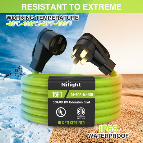 RV Parts 15FT 50 Amp RV Extension Cord 250V Heavy Duty 6/3+8/1 Gauge Pure Copper STW Wire UL ETL Listed 4 Prong 14-50P 14-50R Weatherproof Suit for EV Trailer Campers Bright Green