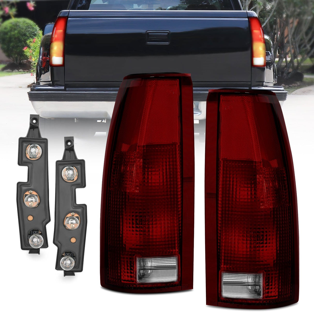 Taillight Assembly Taillight Assembly Compatible with 1988 1989 1990 1991 1992 1993 1994 1995 1996 1997 1998 1999 Chevy GMC C/K Suburban Blazer Tahoe Yukon 2000 Cadillac Escalade Pair Dark Red Lens