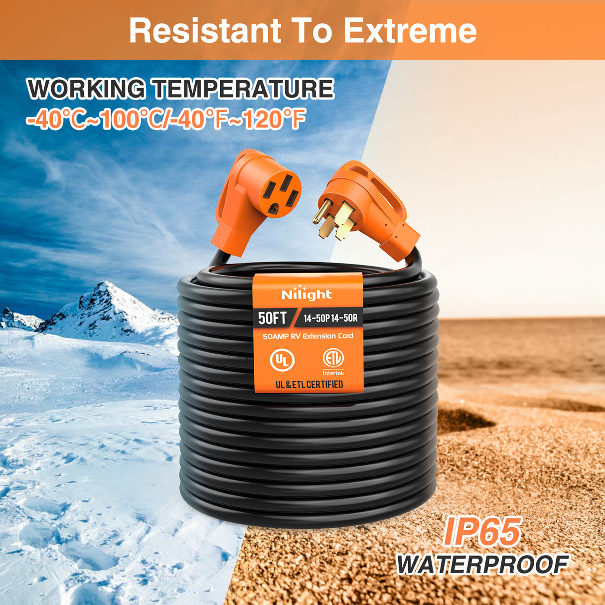 RV Parts 50FT 50 Amp RV Extension Cord with Adapter 30Amp to 50Amp 250V Heavy Duty 6/3+8/1 Gauge Pure Copper STW Wire UL ETL Listed 4 Prong 14-50P 14-50R Weatherproof Suit for Generators Camper