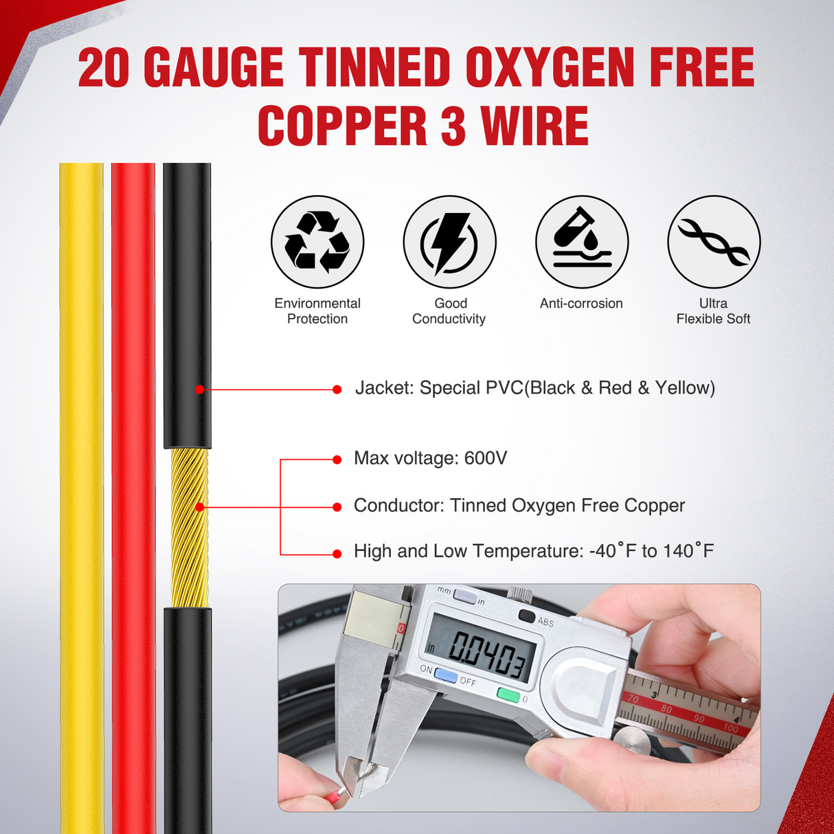 Nilight 100FT 20 Gauge 3 Conductor Electrical Wire Tinned Oxygen Free Copper Red Black Yellow 3 Wires Parallel 600V DC Flexible PVC Case Extension Cords for LED Strips Lamps Lighting