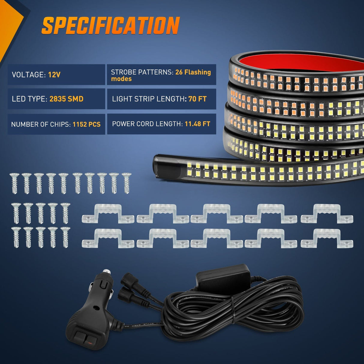 Led light Strip 2PCS 70 Inch Emergency Strobe Light Strip 1125 LED Running Board Lights Amber White Flexible Side Flashing Warning Caution Safety Waterproof for Truck Construction Vehicles Pickup