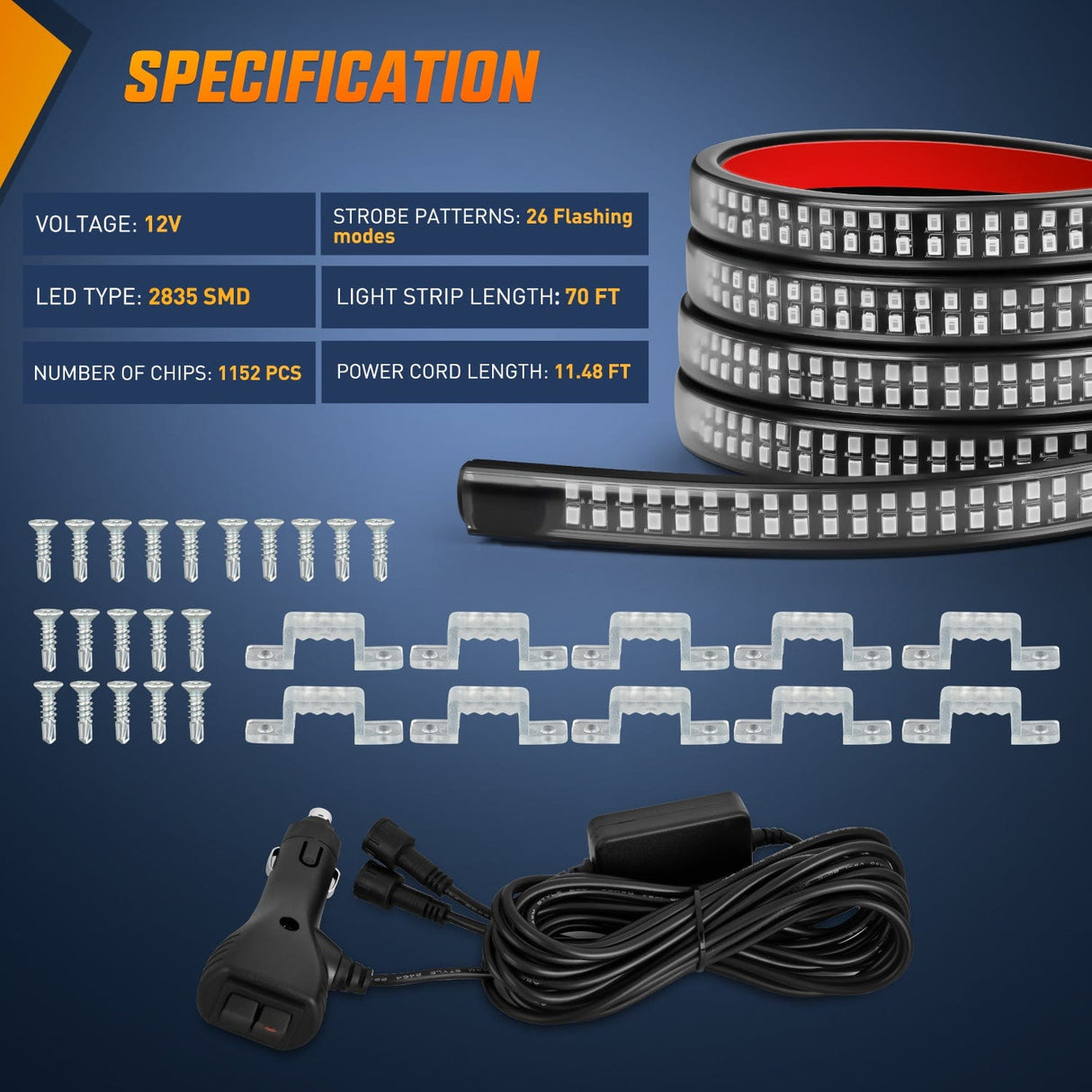 Led light Strip 2PCS 70 Inch Emergency Strobe Light Strip 1125 LED Running Board Lights Blue Flexible Side Flashing Warning Caution Safety Waterproof for Truck Construction Vehicles Pickup