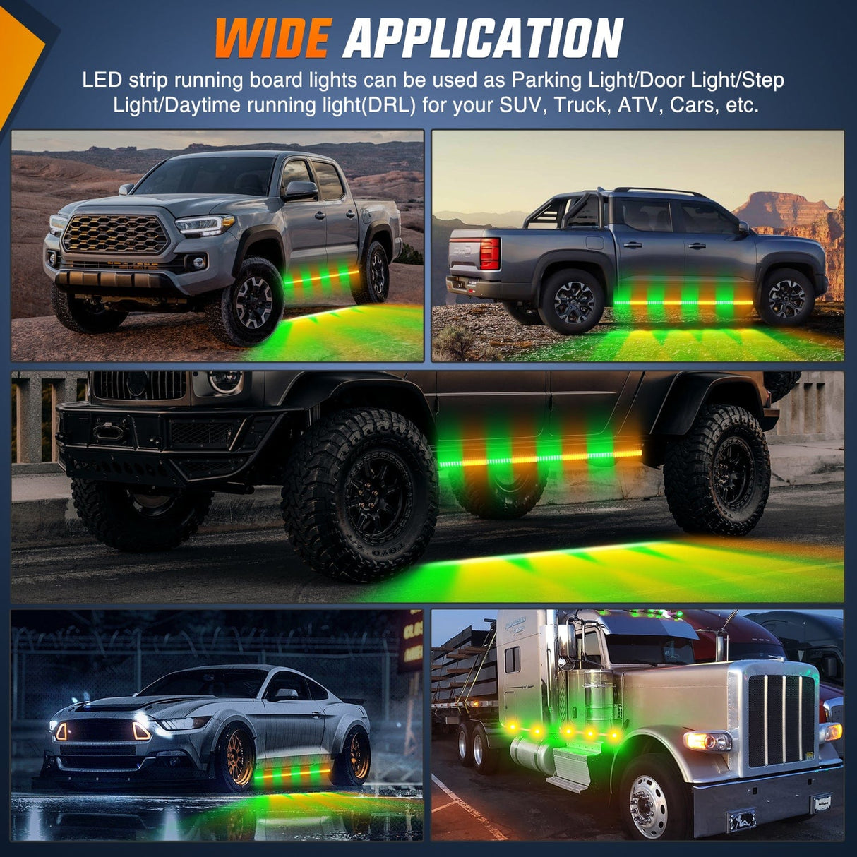 Led light Strip 2PCS 70 Inch Emergency Strobe Light Strip 1125 LED Running Board Lights Amber Green Flexible Side Flashing Warning Caution Safety Waterproof for Truck Construction Vehicles Pickup