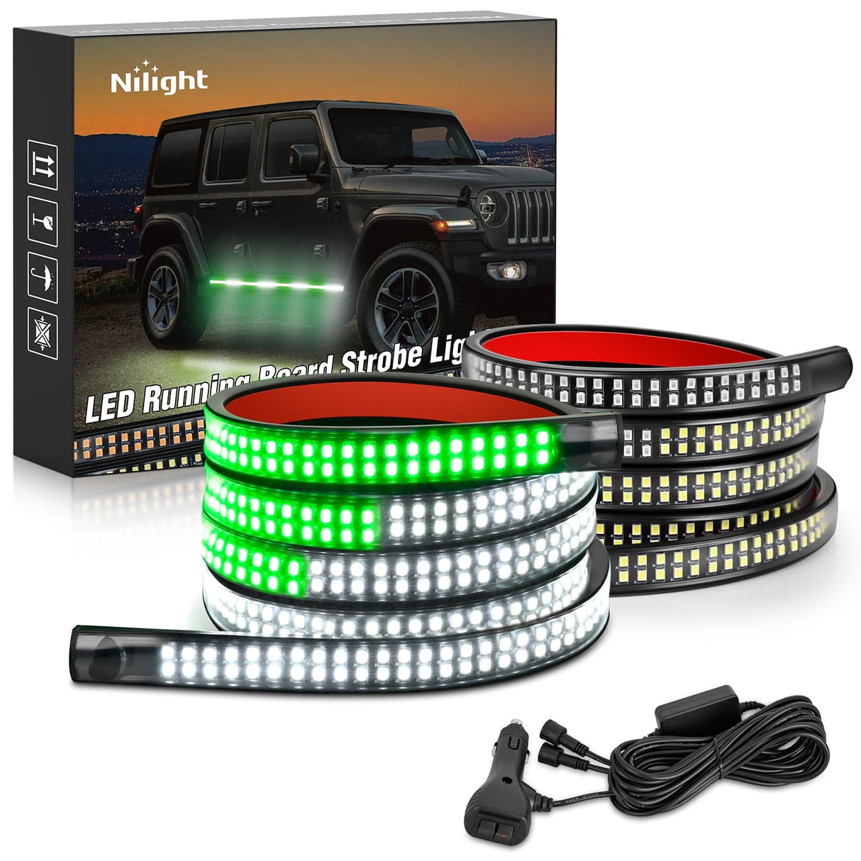 Led light Strip 2PCS 70 Inch Emergency Strobe Light Strip 1125 LED Running Board Lights Green White Flexible Side Flashing Warning Caution Safety Waterproof for Truck Construction Vehicles Pickup