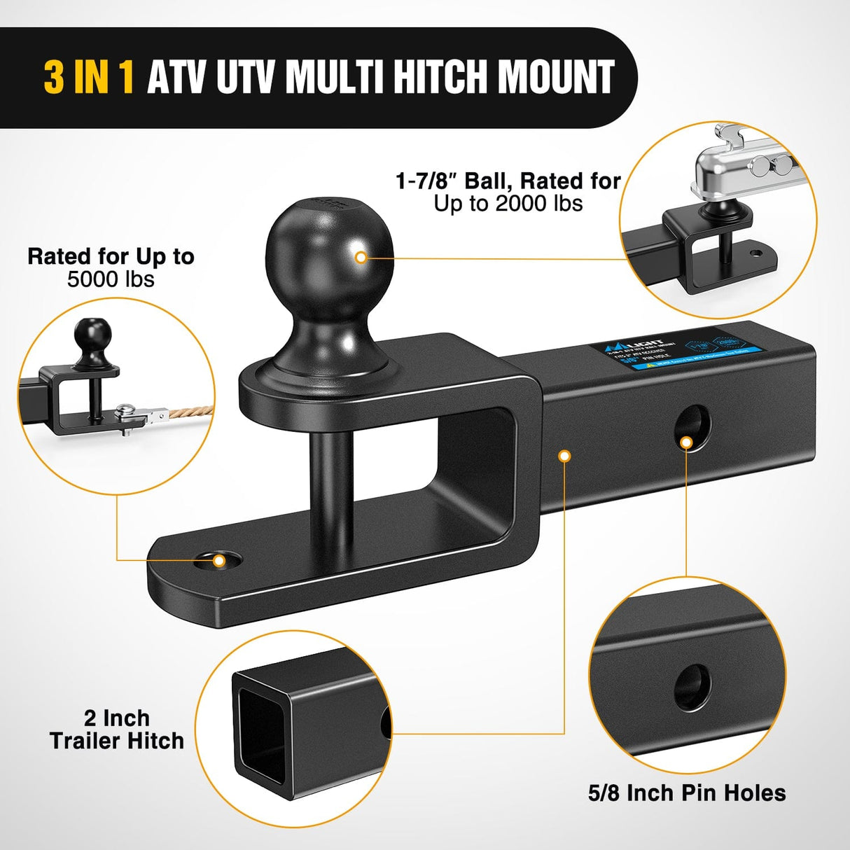 Trailer Hitch 3 in 1 ATV UTV Multi Hitch Mount with 1-7/8 inch Ball Hitch Rated 2000 LBS Fits 2 Inch Receiver Winch Strap Loop Rated 5000 LBS