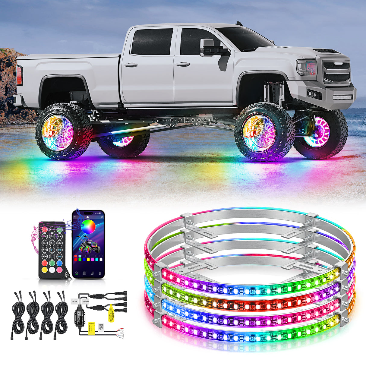 4PCS 15.5inch Wheel Ring Lights Deram Color with APP and Remote Control Neon Lights Million Colors w/Turn Signal and Braking Function for Car Van SUV Truck