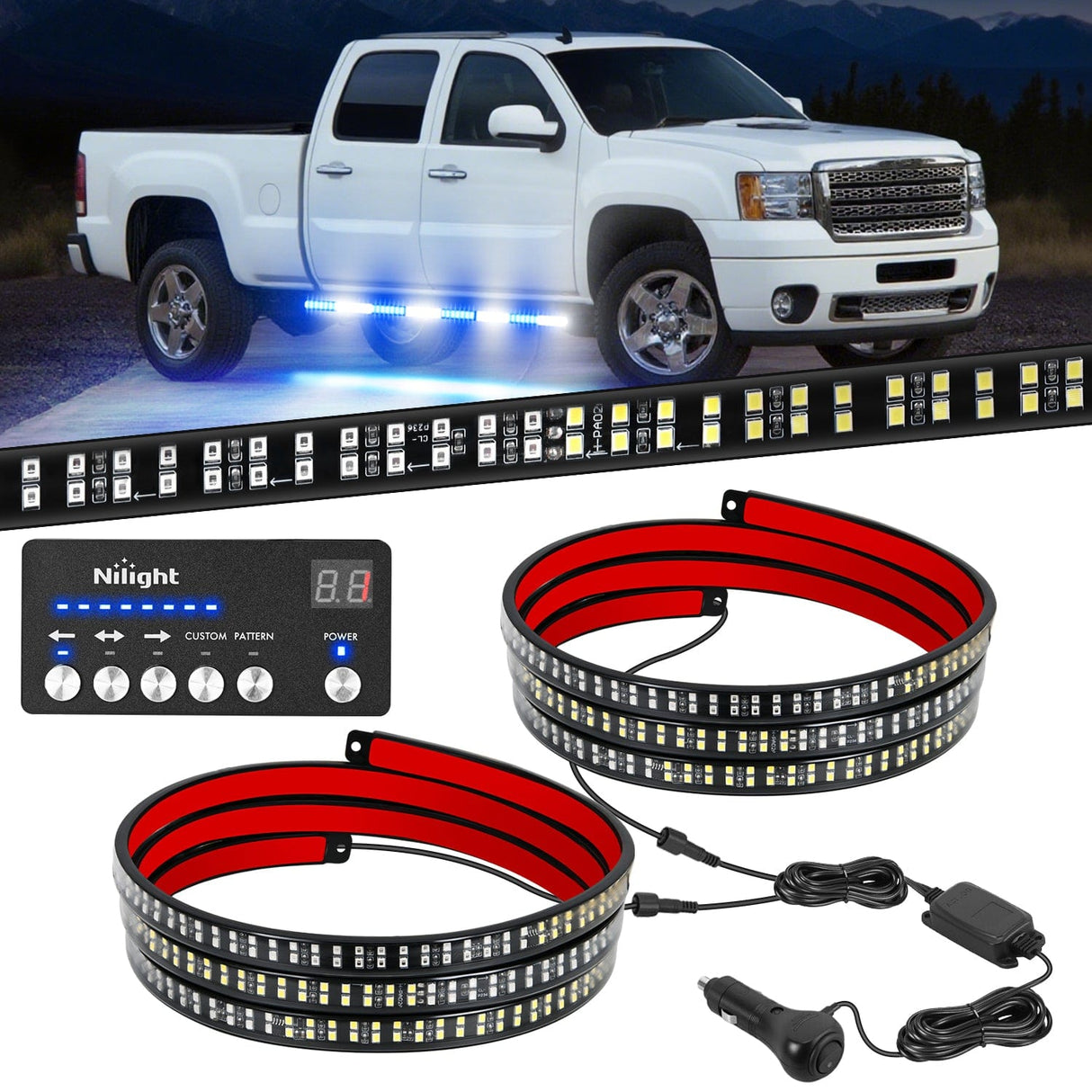 Led light Strip 2PCS 70 Inch Emergency Strobe Light Strip with Controller 864 LED Blue White Running Board Lights Flexible Side Flashing Warning Caution Safety Waterproof for Truck Construction Pickup