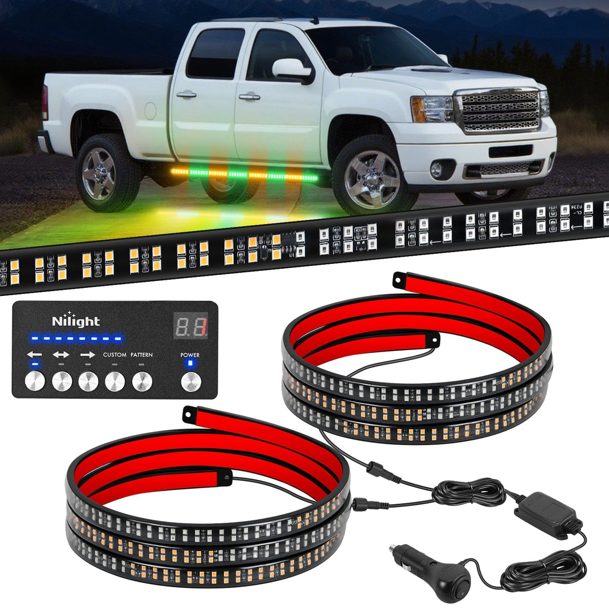 Led light Strip 2PCS 70 Inch Emergency Strobe Light Strip with Controller 864 LED Amber Green Running Board Lights Flexible Side Flashing Warning Caution Safety Waterproof for Truck Construction Pickup