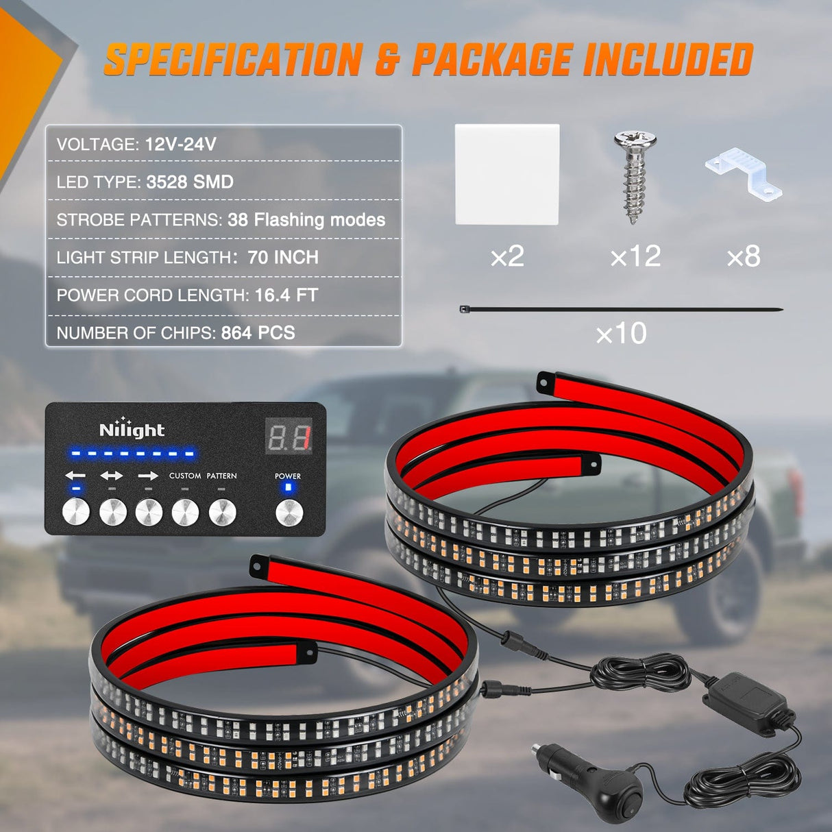 Led light Strip 2PCS 70 Inch Emergency Strobe Light Strip with Controller 864 LED Amber Green Running Board Lights Flexible Side Flashing Warning Caution Safety Waterproof for Truck Construction Pickup