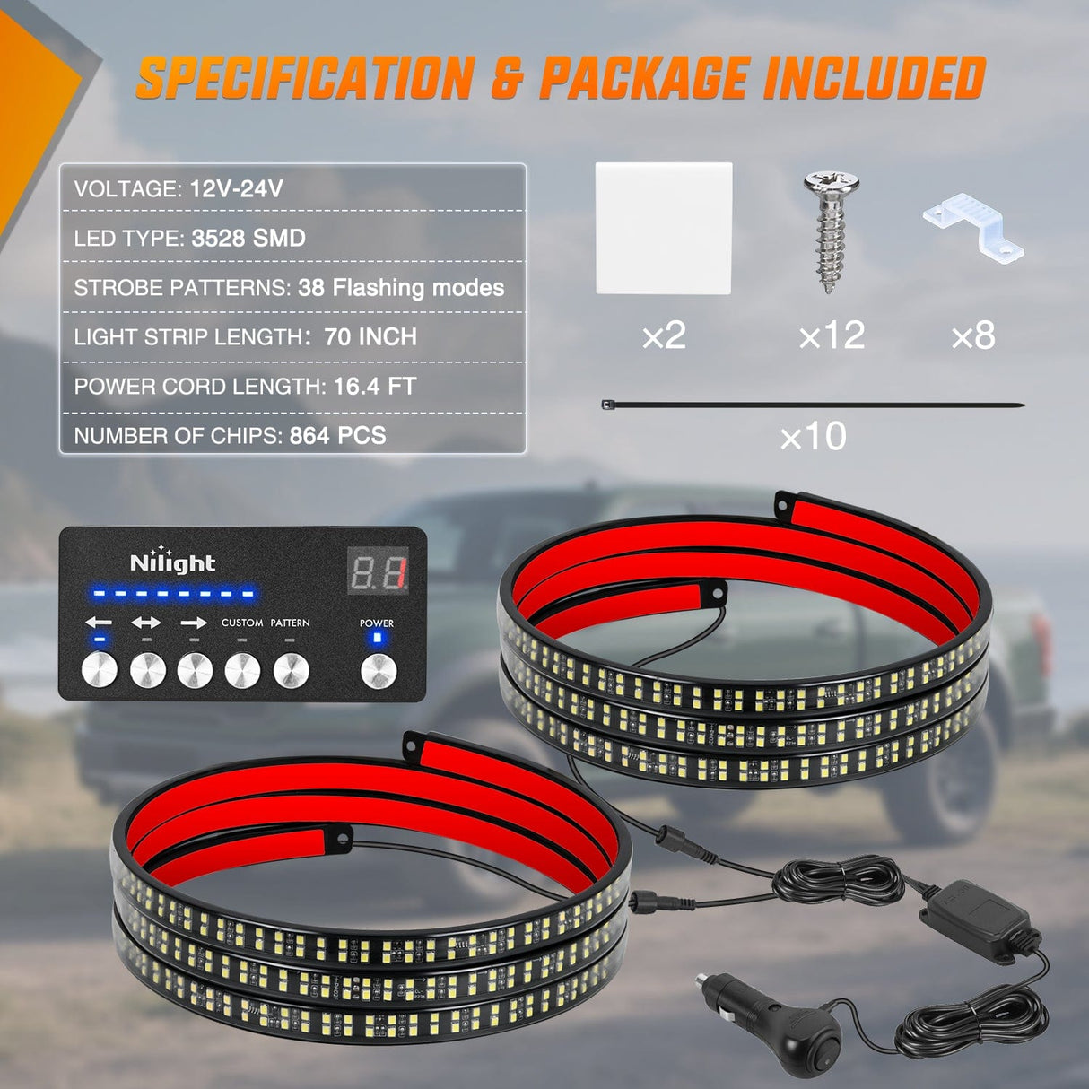 Led light Strip 2PCS 70 Inch Emergency Strobe Light Strip with Controller 864 LED White Running Board Lights Flexible Side Flashing Warning Caution Safety Waterproof for Truck Construction Pickup