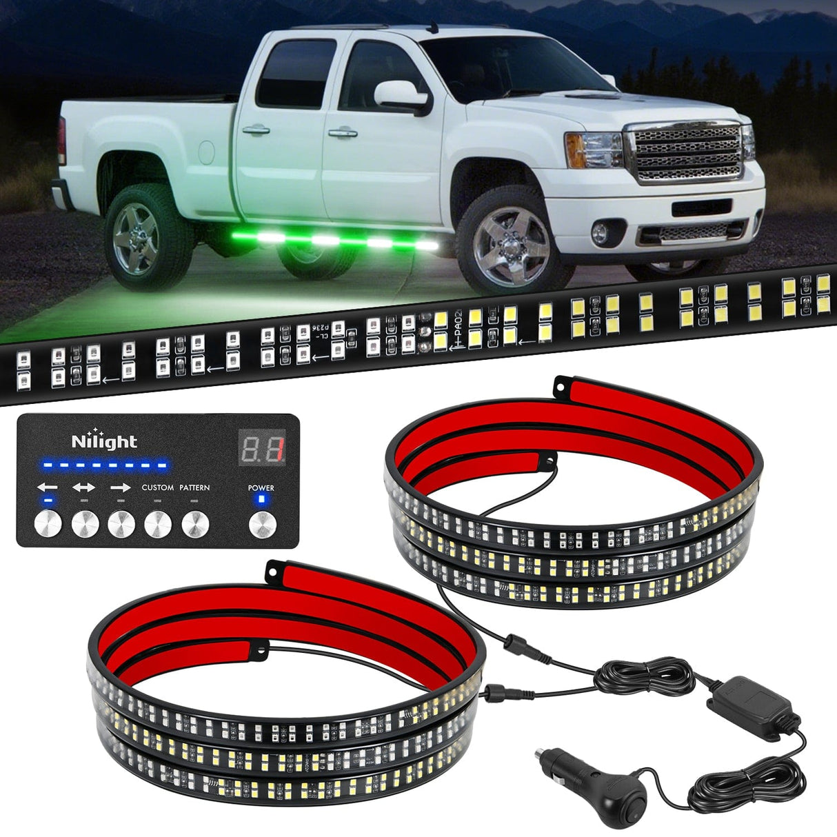 Led light Strip 2PCS 70 Inch Emergency Strobe Light Strip with Controller 864 LED Green White Running Board Lights Flexible Side Flashing Warning Caution Safety Waterproof for Truck Construction Pickup