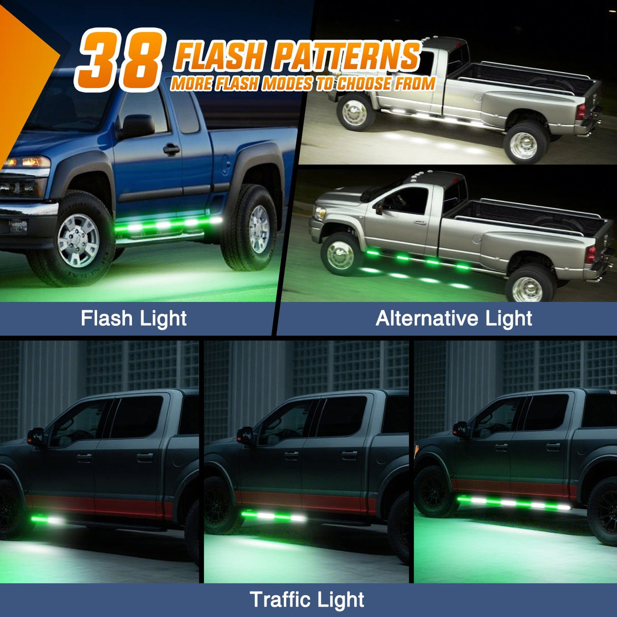 Led light Strip 2PCS 70 Inch Emergency Strobe Light Strip with Controller 864 LED Green White Running Board Lights Flexible Side Flashing Warning Caution Safety Waterproof for Truck Construction Pickup