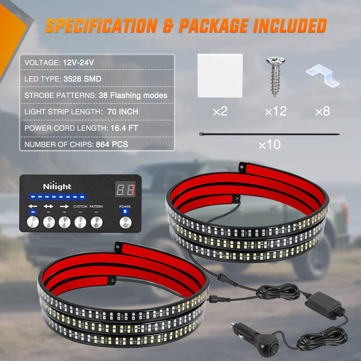 Led light Strip 2PCS 70 Inch Emergency Strobe Light Strip with Controller 864 LED Green White Running Board Lights Flexible Side Flashing Warning Caution Safety Waterproof for Truck Construction Pickup