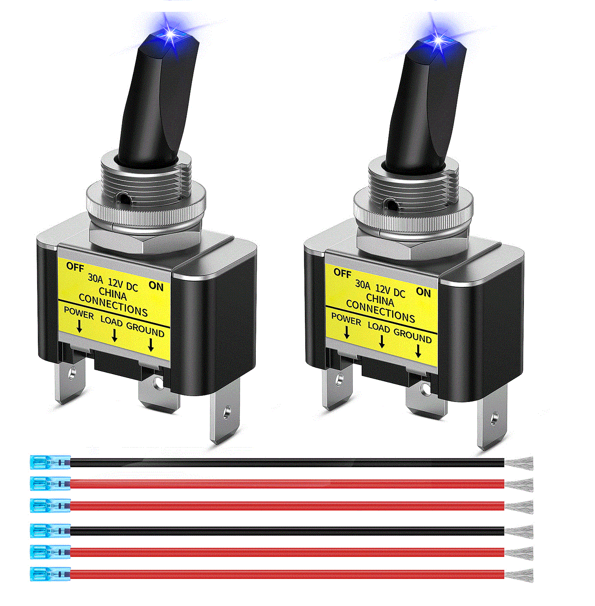 2PCS Blue LED Toggle Switch 12V DC 30A 3 Pin On Off 2 Position Heavy Duty Rocker Switch with 14AWG Wire for Automotive Cars Trucks Boats Racing Cars Auto Boat