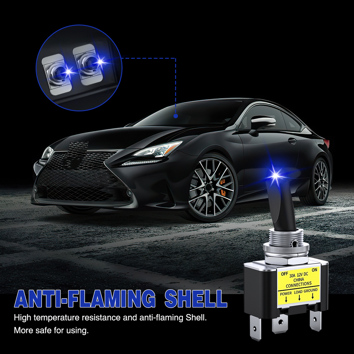 2PCS Blue LED Toggle Switch 12V DC 30A 3 Pin On Off 2 Position Heavy Duty Rocker Switch with 14AWG Wire for Automotive Cars Trucks Boats Racing Cars Auto Boat