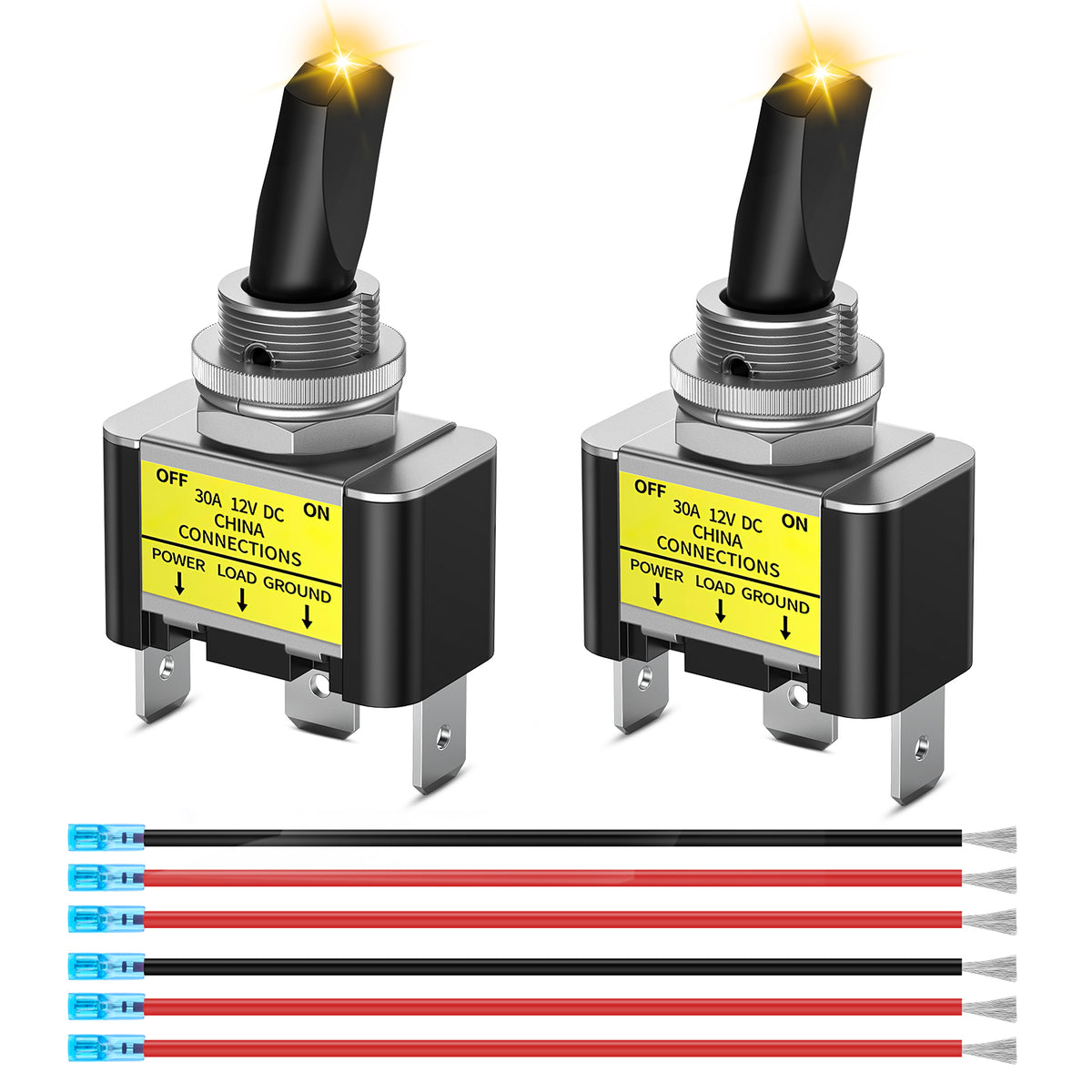 2PCS Yellow LED Toggle Switch 12V DC 30A 3 Pin On Off 2 Position Heavy Duty Rocker Switch with 14AWG Wire for Automotive Cars Trucks Boats Racing Cars Auto Boat