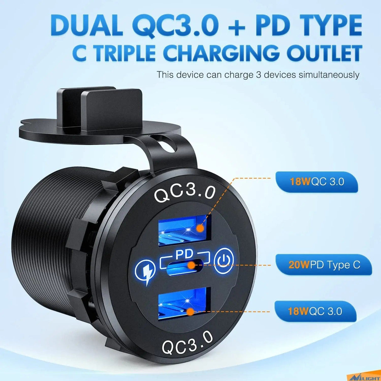 Vehicle Parts & Accessories Blue LED PD Type C Dual QC 3.0 USB Socket Charger
