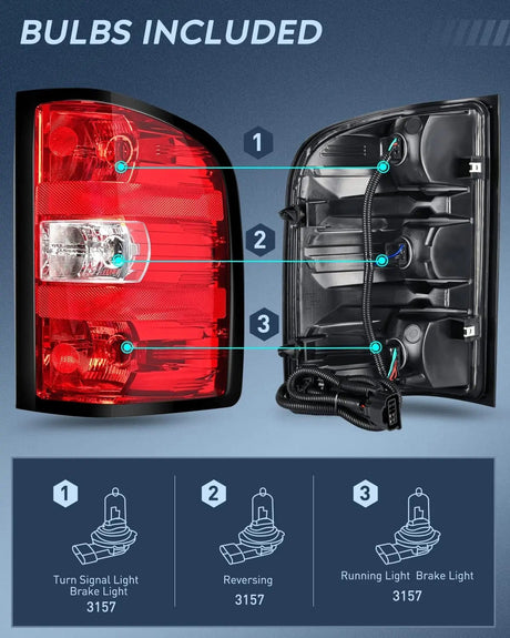 Taillight Assembly 2007 2008 2009 2010 2011 2012 2013 2014 Chevy Silverado 1500 2500HD 3500HD 2007 2008 2009 2010 2011 2012 2013 GMC Sierra 3500HD Tail light Assembly Rear Lamp Replacement w/Bulbs and Harness