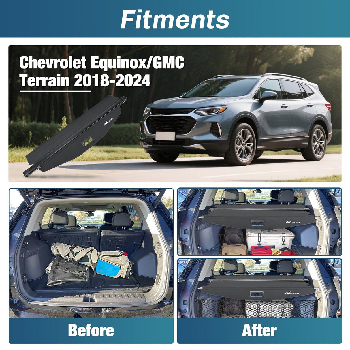 Trunk Cargo Cover Trunk Cargo Cover for Chevy Equinox GMC Terrain 2018 2019 2020 2021 2022 2023 2024 2025, Retractable Privacy Security Shield Shade Rear Trunk Cover, with Trunk Storage Net