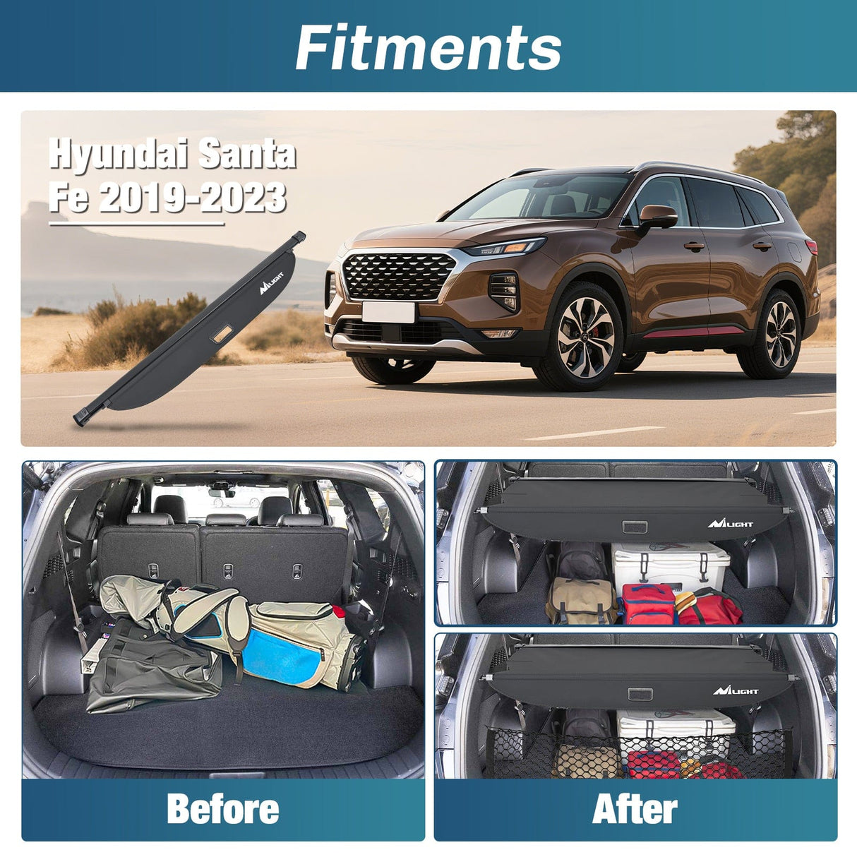 Trunk Cargo Cover Trunk Cargo Cover for Hyundai Santa Fe 2019 2020 2021 2022 2023, Retractable Security Shade Rear Cargo Cover, with Trunk Storage Net