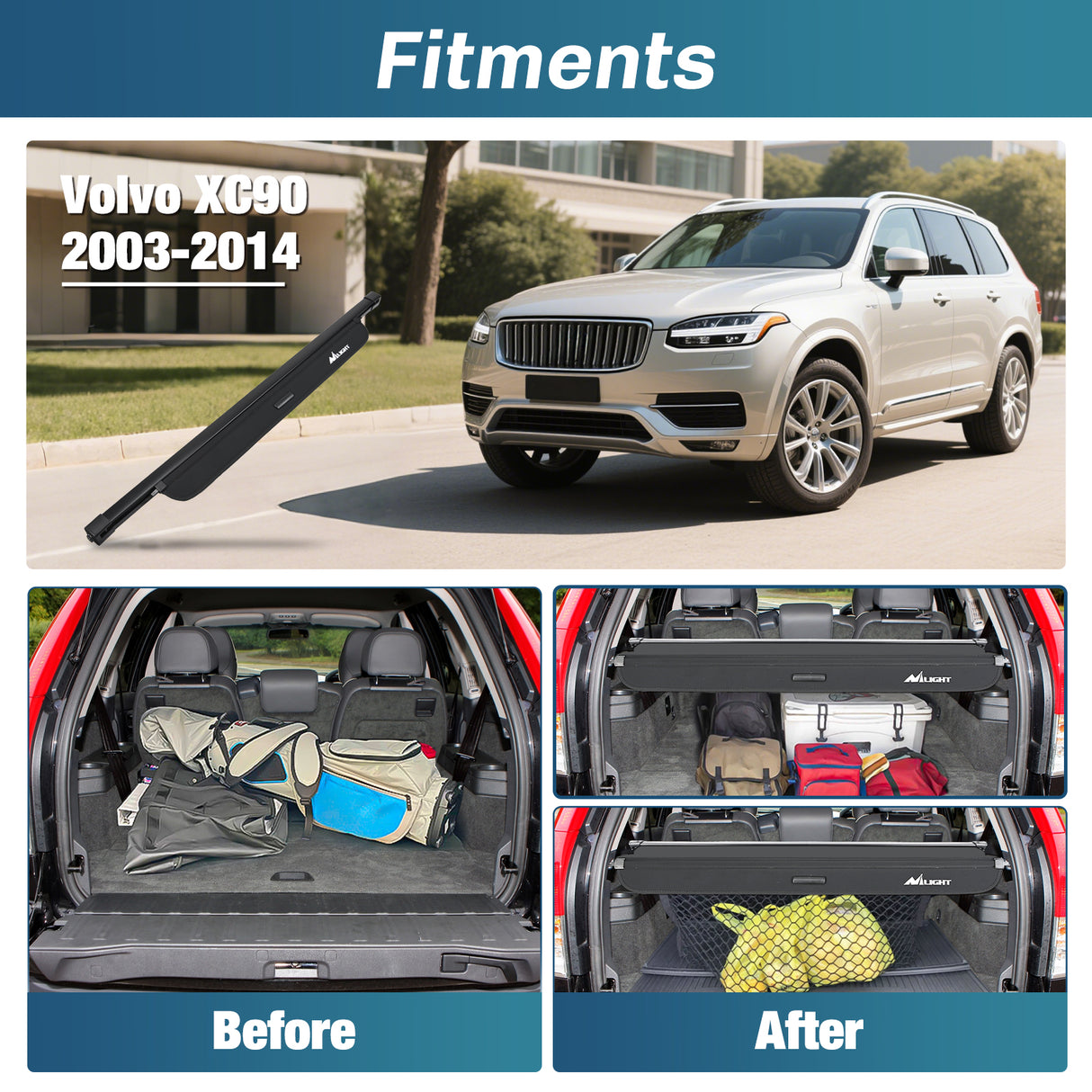 Nilight Trunk Cargo Cover for Volvo XC90 2003-2014, Retractable Security Shade Rear Cargo Cover, with Trunk Storage Net