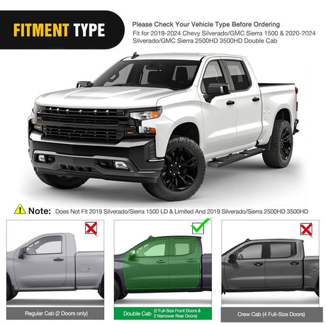 Running Board 2019 2020 2021 2022 2023 2024Chevy Silverado/GMC Sierra 1500 Double Cab 2020 2021 2022 2023 2024 Silverado/GMC Sierra 2500HD 3500HD 6 Inch Aluminum Bolt-on Powder Coated Side Step Nerf Bars Running Boards