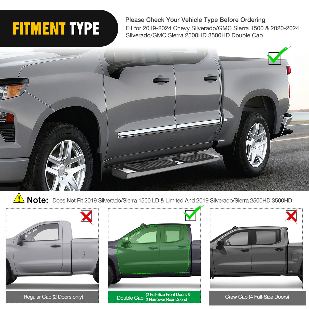 2019 2020 2021 2022 2023 2024 Chevy Silverado/GMC Sierra 1500 Double Cab 2020 2021 2022 2023 2024 Silverado/GMC Sierra 2500HD 3500HD 6 Inch Stainless Steel Bolt-on Side Step Nerf Bars Running Boards