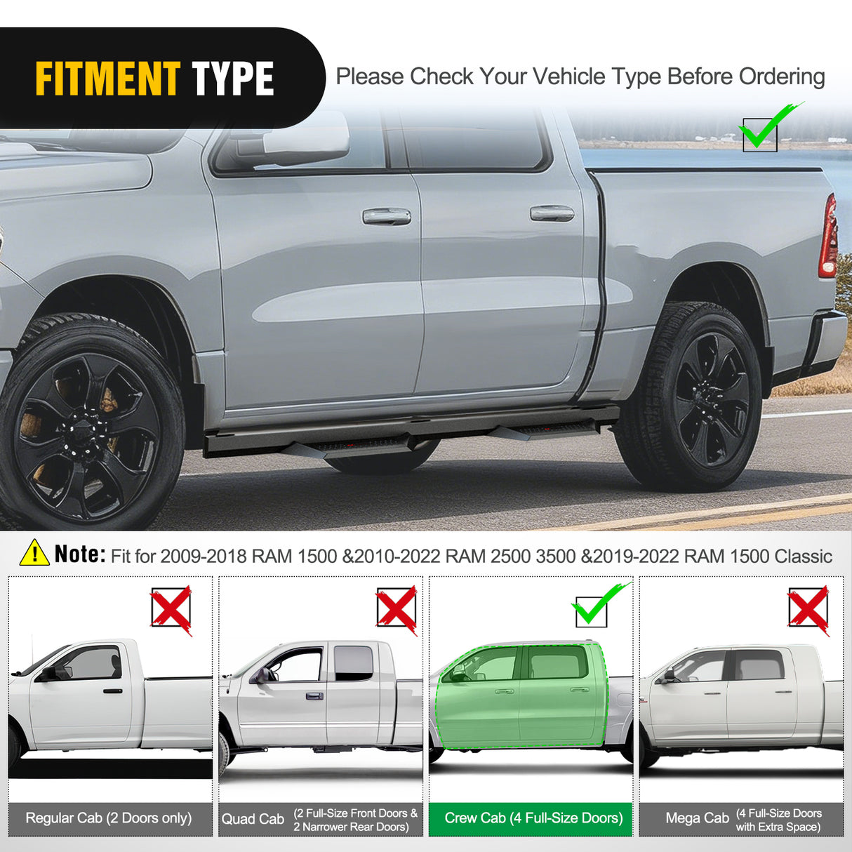 2009-2018 Dodge Ram 1500 Crew Cab 2019-2023 1500 Classic 2010 2011 2012 2013 2014 2015 2016 2017 2018 2019 2021 2022 2500 3500 Running Boards 4 Inch Drop Side Steps Bolt-on Black Powder Coated Nerf Bars Running Boards