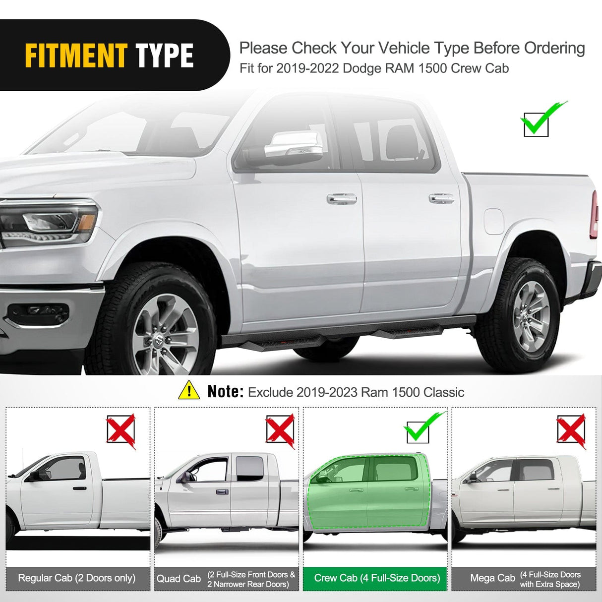 Running Board 2019 2020 2021 2022 2023 Dodge Ram 1500 4 Door Crew Cab Running Boards 4 Inch Drop Side Steps Bolt-on Off-Road Black Powder Coated Nerf Bars Running Boards