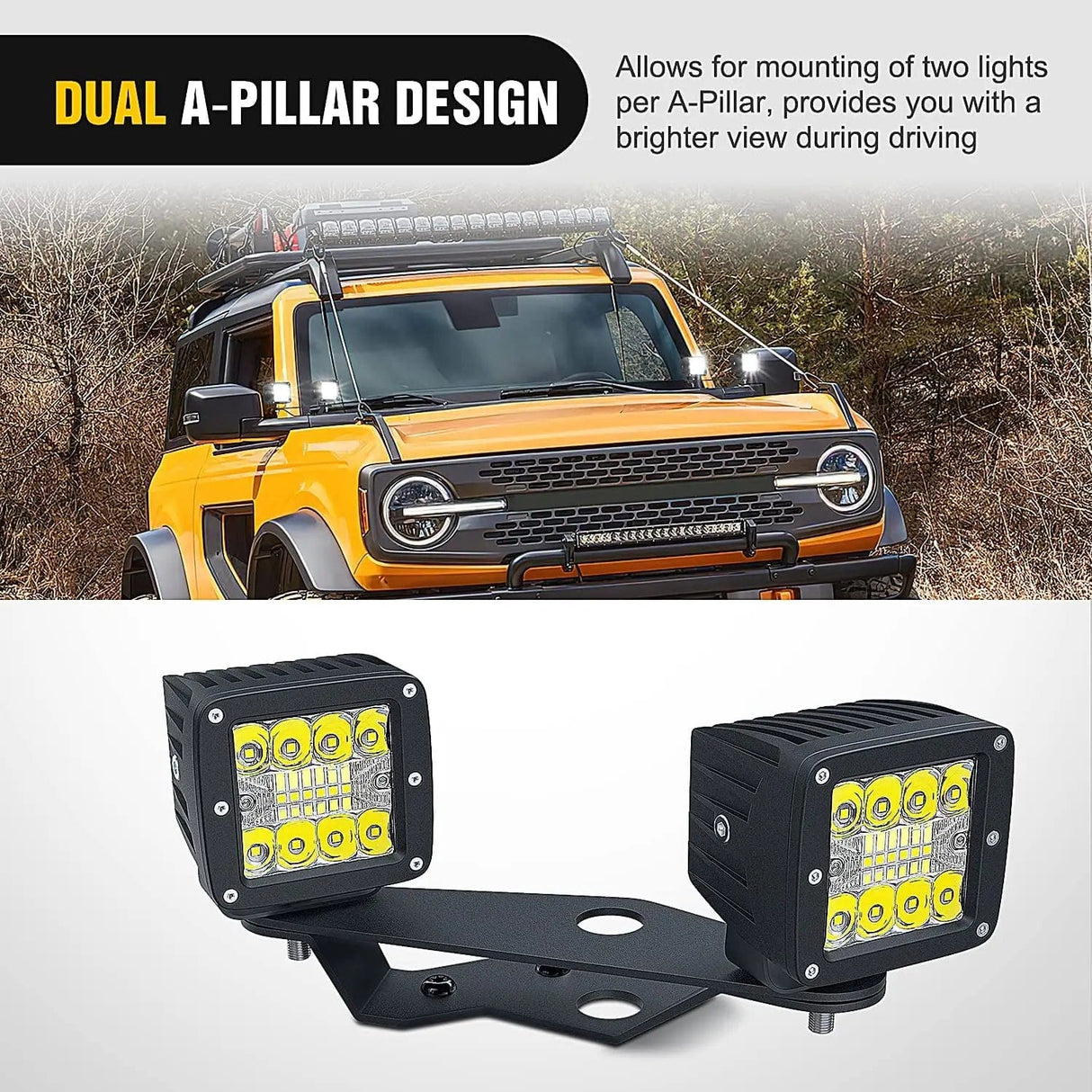 Mounting Accessory Dual A-Pillar Lower Windshield Hinge Mounts Light Pods For 2021-2023 Ford Bronco