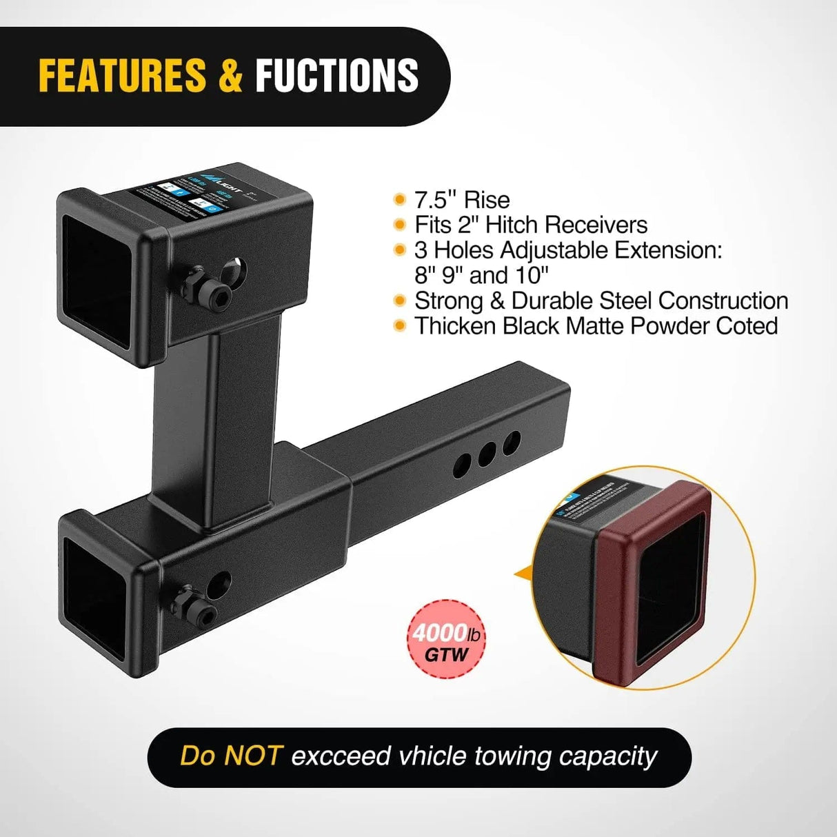 Trailer Hitch Dual Receiver Extender Fit 2inch Receiver Tube