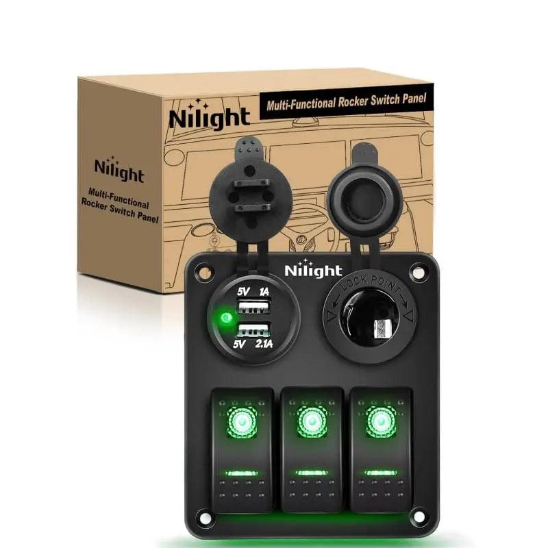 Rocker Switch 3Gang Aluminum 5Pin ON/Off Green Rocker Switch Panel w/ Dual USB Charger | Cigarette Lighter Socket