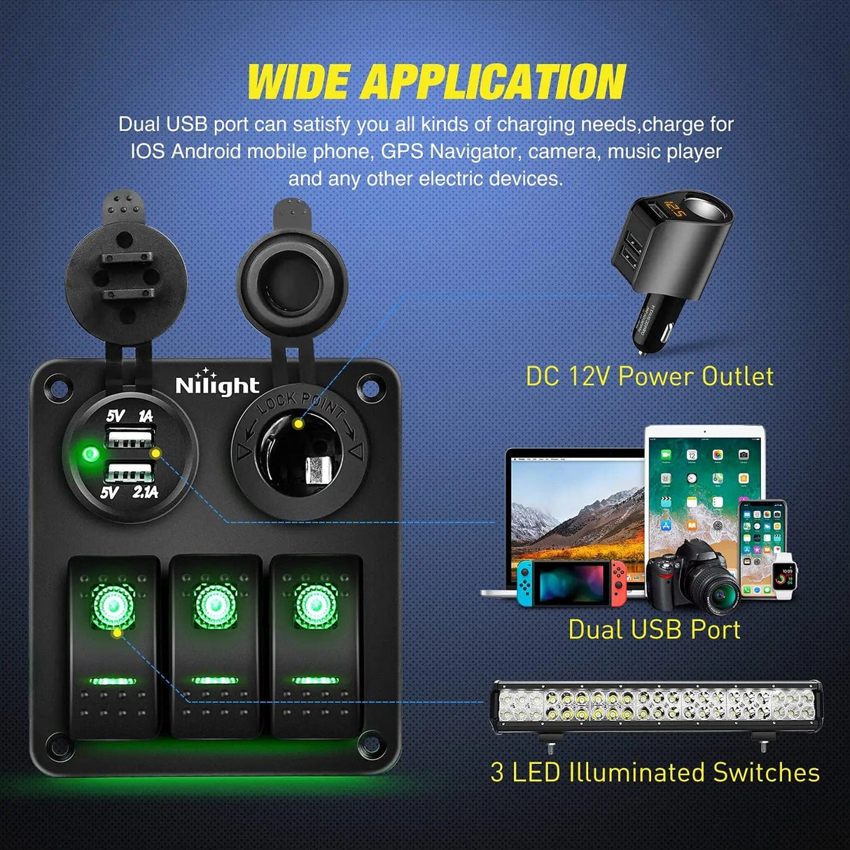 Rocker Switch 3Gang Aluminum 5Pin ON/Off Green Rocker Switch Panel w/ Dual USB Charger | Cigarette Lighter Socket