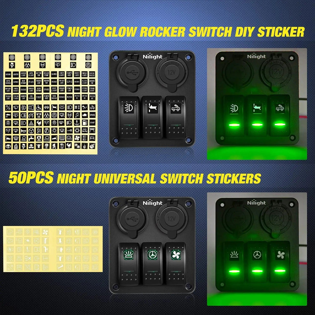 Rocker Switch 3Gang Aluminum 5Pin ON/Off Green Rocker Switch Panel w/ Dual USB Charger | Cigarette Lighter Socket