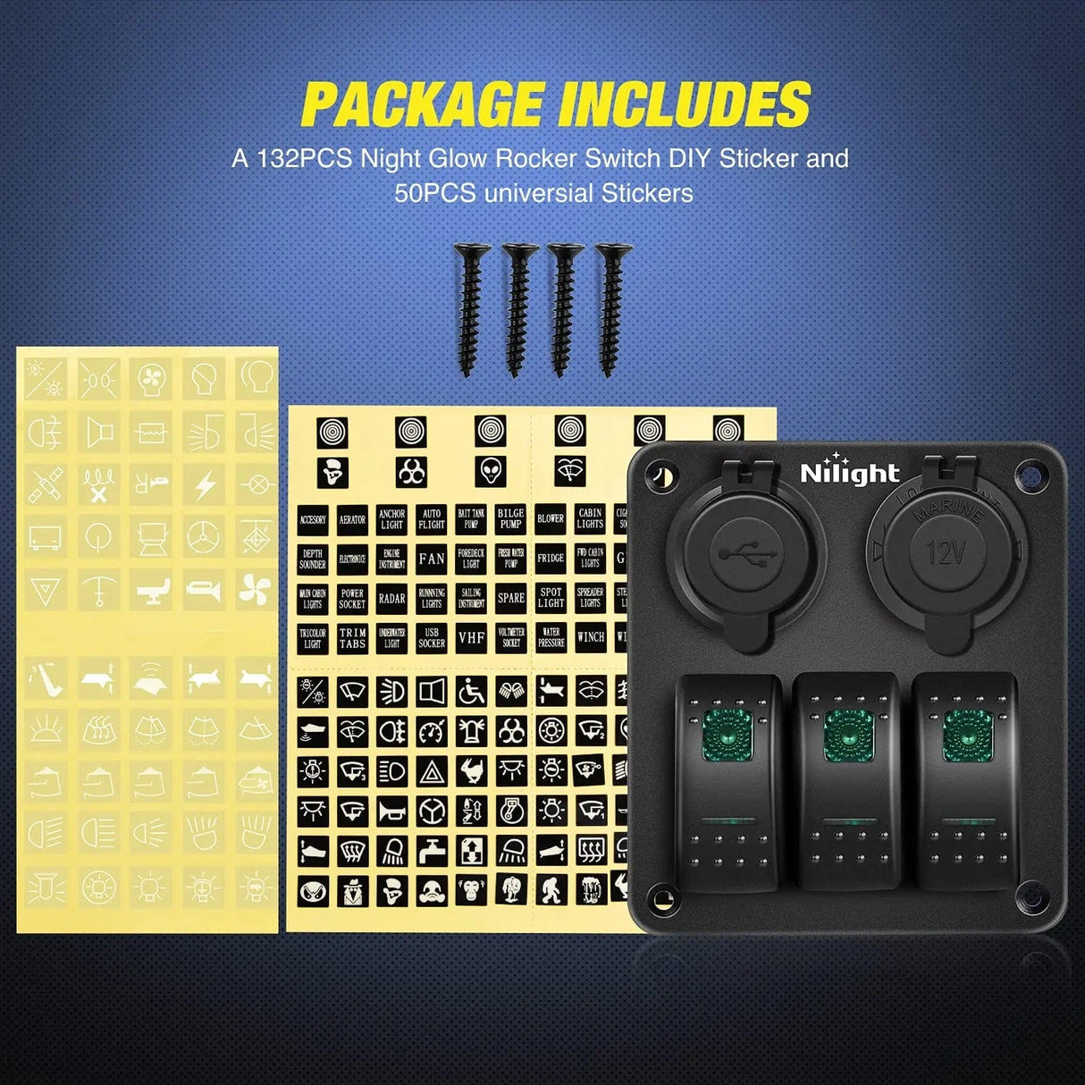 Rocker Switch 3Gang Aluminum 5Pin ON/Off Green Rocker Switch Panel w/ Dual USB Charger | Cigarette Lighter Socket