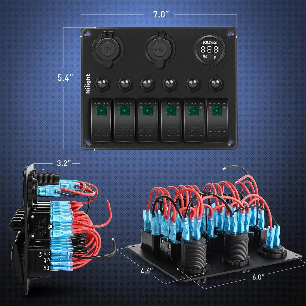 Rocker Switch 6Gang ON/Off Green Rocker Switch Panel w/ Dual USB Cigarette Lighter Socket Voltmeter