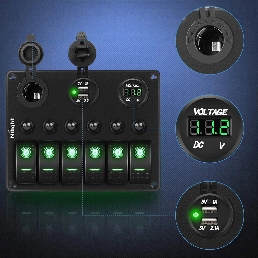 Rocker Switch 6Gang ON/Off Green Rocker Switch Panel w/ Dual USB Cigarette Lighter Socket Voltmeter