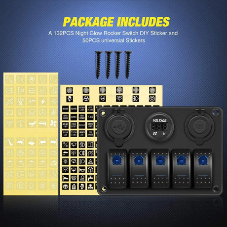 switch panel 5Gang Aluminum Rocker Switch Panel w/ Dual USB Cigarette Lighter Socket Voltmeter