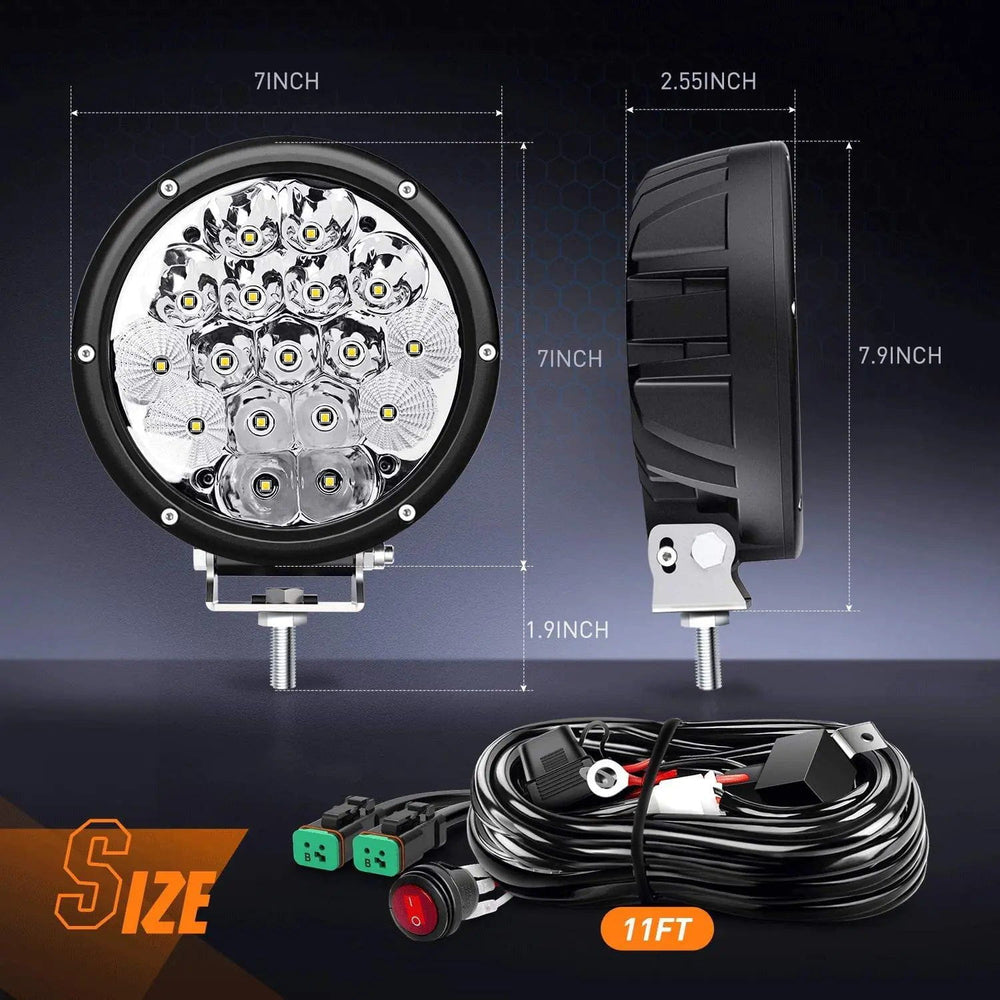LED Work Light 7" 85W 10200LM Round Spot/Flood Built-in EMC LED Work Lights (Pair) | 14AWG DT Wire